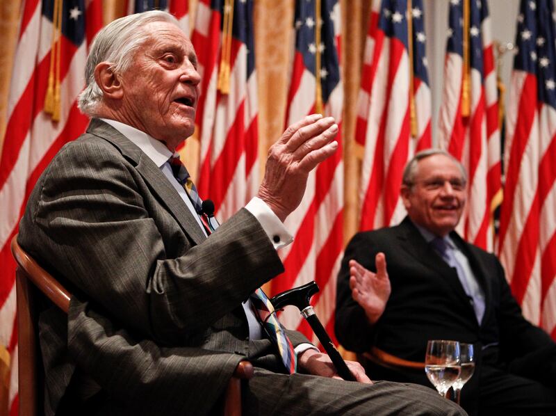 Ben Bradlee, former executive editor of the Washington Post, left, and reporter Bob Woodward talk during the program "Remembering Watergate: A Conversation" at the Richard Nixon Presidential Library and Museum in Yorba Linda, Calif., Monday, April 18, 201