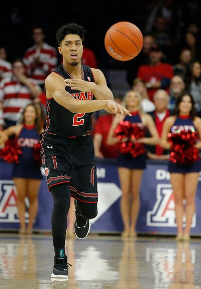 Utah guard Sedrick Barefield (2) in the first half during an NCAA college basketball game against Arizona, Saturday, Jan. 5, 2019, in Tucson, Ariz. (AP Photo/Rick Scuteri)