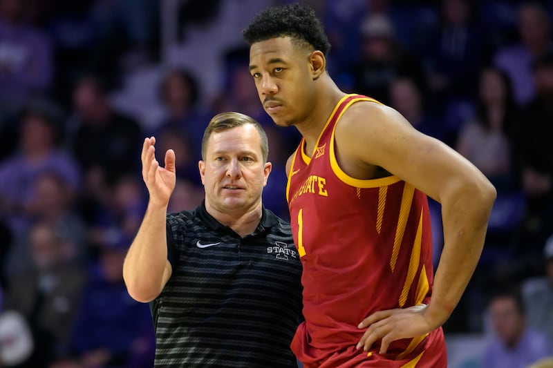 Iowa State head coach T.J. Otzelberger talks to Dishon Jackson during game against Kansas State in Manhattan, Kan., Saturday, March 8, 2025. The Cyclones and BYU will tangle Thursday morning in the quarterfinals of the Big 12 tournament in Kansas City.