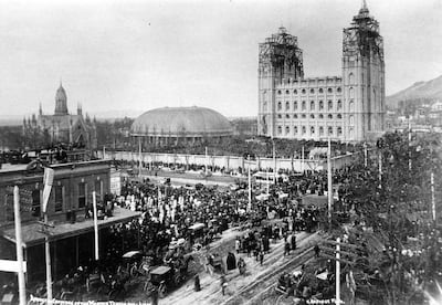 The Salt Lake Temple in April 1892, when the capstone was set.