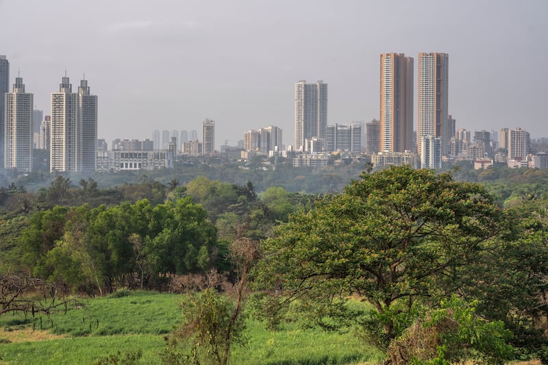 The Mumbai skyline is seen from Aarey Colony, which borders the south end of Sanjay Gandhi National Park, in Mumbai, India, Tuesday, April 5, 2022. Los Angeles and Mumbai, India are the world’s only megacities of 10 million-plus where large felines breed, hunt and maintain territory within urban boundaries. Long-term studies in both cities have examined how the big cats prowl through their urban jungles, and how people can best live alongside them. (AP Photo/Rafiq Maqbool)