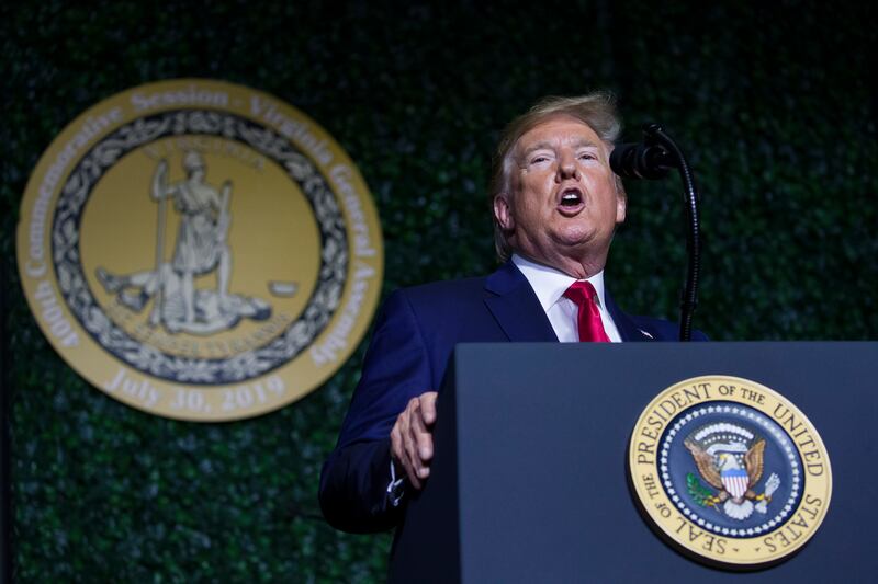 President Donald Trump speaks at an event marking the 400th anniversary of the first representative assembly, Tuesday, July 29, 2019, in Jamestown, Va. (AP Photo/Alex Brandon)