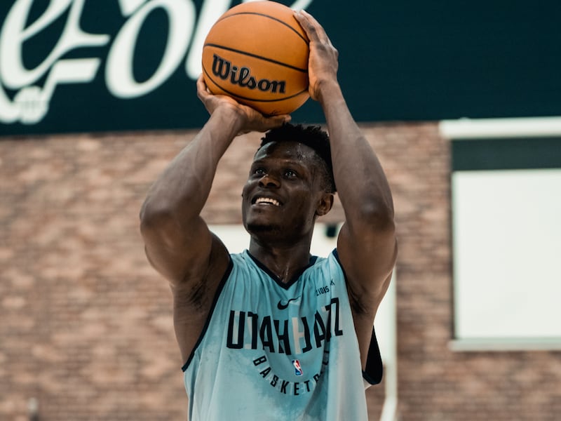 BYU’s Gideon George works out for the Utah Jazz during a pre-draft workout on Sunday, May 29, 2022. According to Stadium’s Jeff Goodman, George is withdrawing his name from the draft and will return to college.