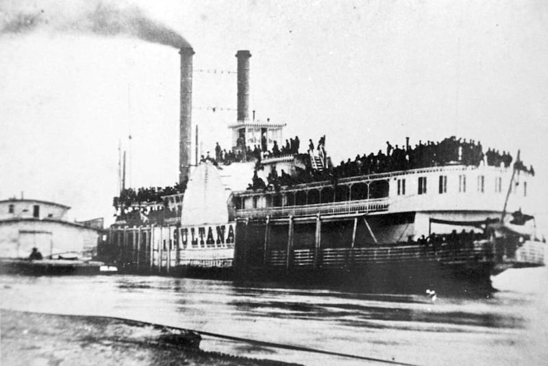 In this April 26, 1865 file photo, provided by the Library of Congress, the steamboat Sultana is docked on the Mississippi River at Helena, Ark. About 1,800 people died when the boat exploded the following night near Marion, Ark.