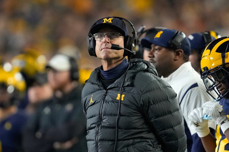 Michigan head coach Jim Harbaugh watches his team play Purdue, Saturday, Nov. 4, 2023.