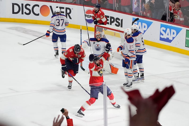 Florida Panthers players celebrate a goal by Sam Reinhart during the second period of Game 7 of the NHL hockey Stanley Cup Final against the Edmonton Oilers, Monday, June 24, 2024, in Sunrise, Fla. The two teams will again in the finals, with Game 1 set for Wednesday night.