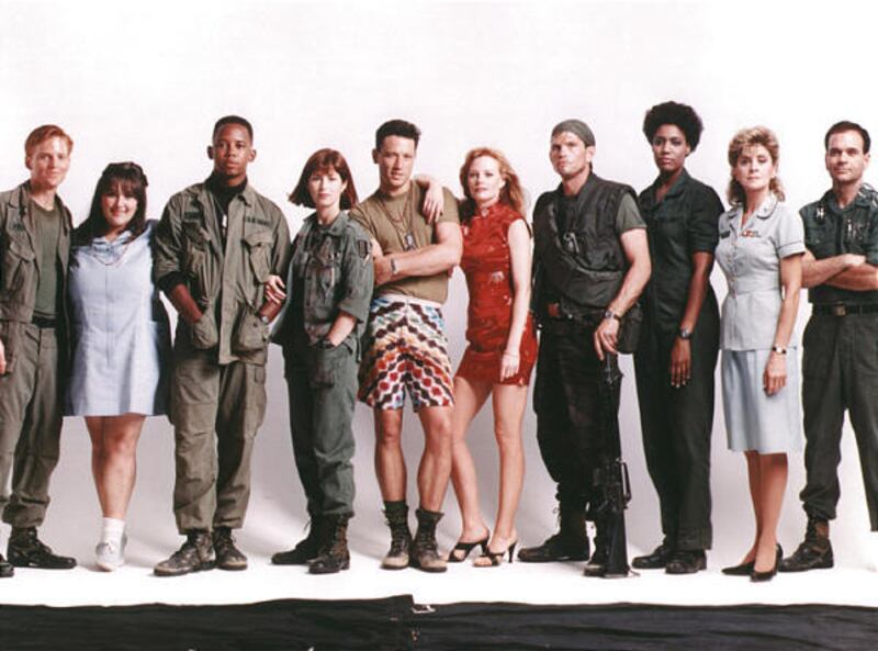 Ned Vaughn, left, Ricki Lake, Michael Boatman, Dana Delany, Brian Wimmer, Marg Helgenberger, Jeff Kober, Nancy Giles, Concetta Tomei and Robert Picardo in "China Beach."