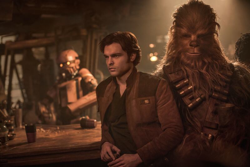 Alden Ehrenreich is Han Solo and Joonas Suotamo is Chewbacca in “Solo: A Star Wars Story.”