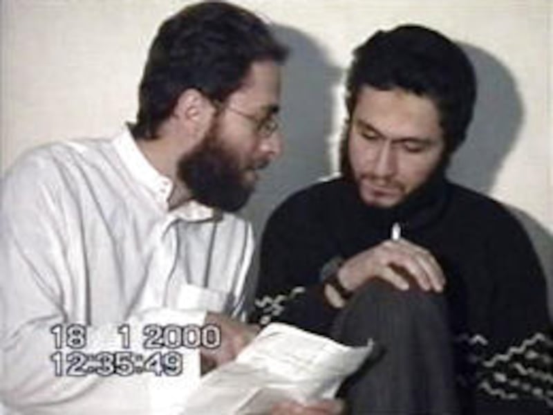 Sept. 11 suicide pilots Ziad Jarrah, left, and Mohamed Atta joke about making their wills in a video dated Jan. 18, 2000. The Sunday Times said the footage was taken in Afghanistan and was meant to be released after the men's deaths.