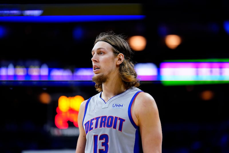 Detroit Pistons’ Kelly Olynyk plays during an NBA basketball game, Thursday, Oct. 28, 2021, in Philadelphia. (AP Photo/Matt Slocum)