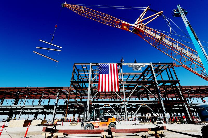 The skeleton of the north concourse at the Salt Lake City International Airport is pictured following a topping-off ceremony on Tuesday, March 19, 2019. The airport is currently undergoing a $3.6 billion airport expansion and the final beam of the concour