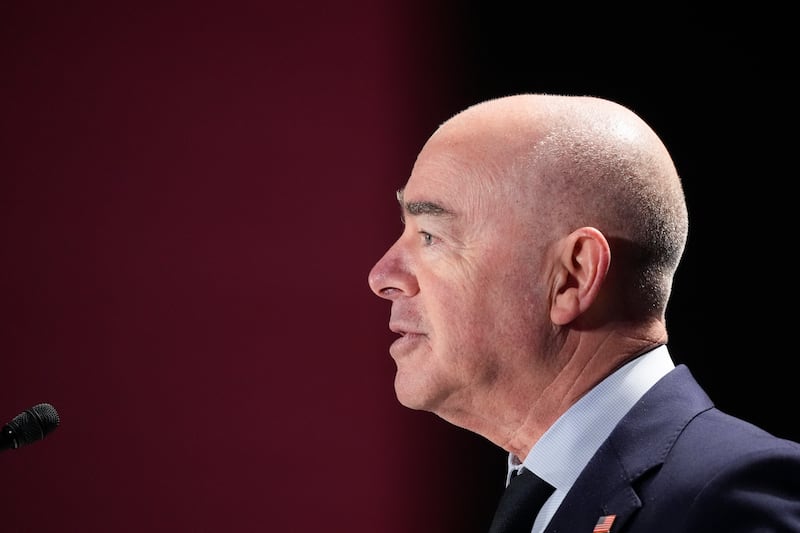 Homeland Security Secretary Alejandro Mayorkas speaks during a news conference in Las Vegas.