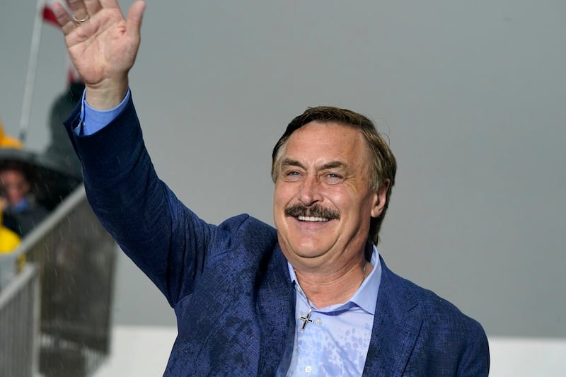 MyPillow CEO Mike Lindell attends a campaign rally at the Westmoreland Fair Grounds.