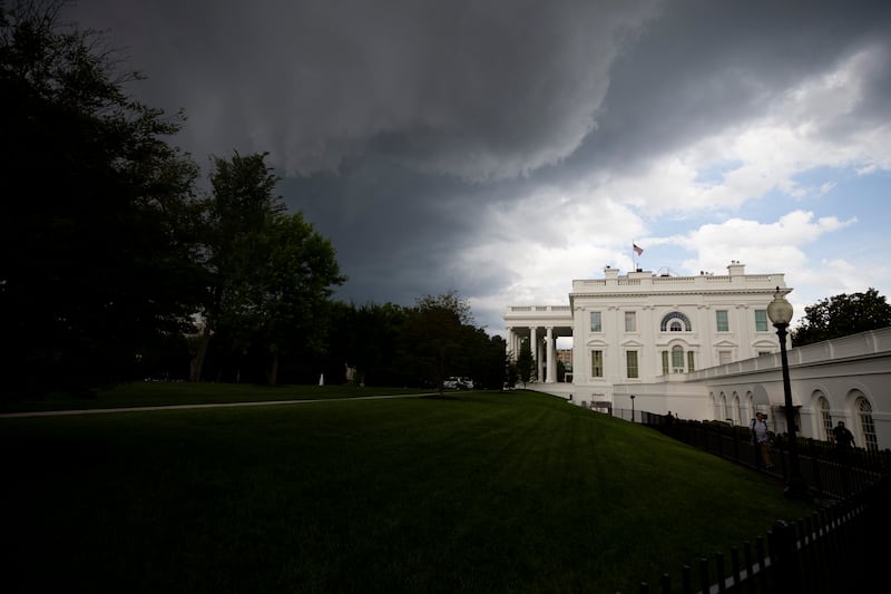 Storms clouds are seen behind the White House, Monday, June 17, 2019, in Washington. The National Weather Service has issued a severe thunderstorm watch for the area until 11 p.m. Monday.
