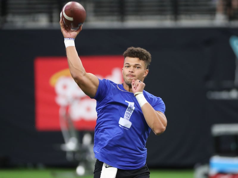 Cougars’ quarterback Jaren Hall warms up before BYU and Arizona game