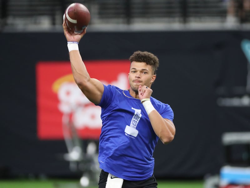 Cougars’ quarterback Jaren Hall warms up before BYU and Arizona game