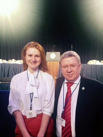 Alleged Russian agent Mariia Butina, left, and Russian politician Alexander Torshin at the 2017 National Prayer Breakfast. President Trump spoke from the podium in the background.