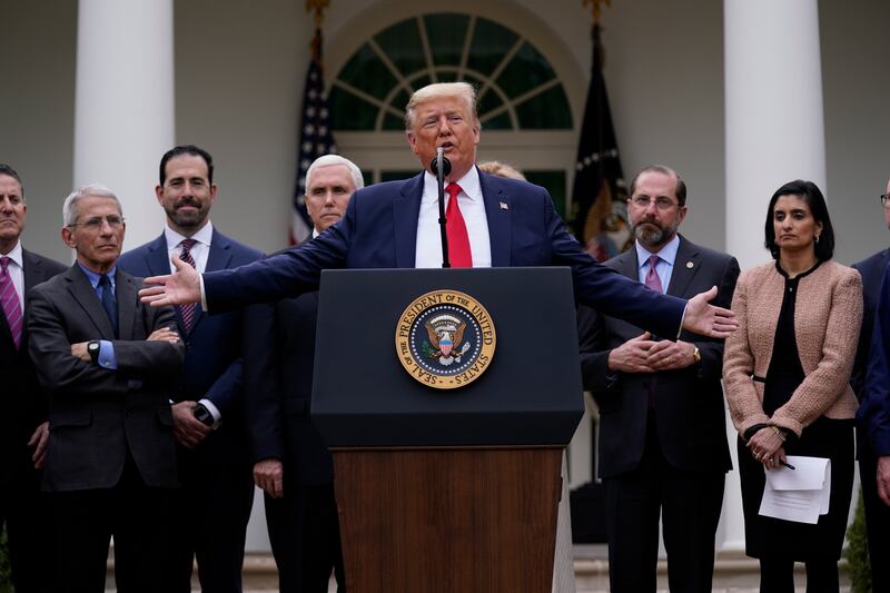 President Donald Trump speaks during a news conference about the coronavirus in the Rose Garden of the White House, Friday, March 13, 2020, in Washington.