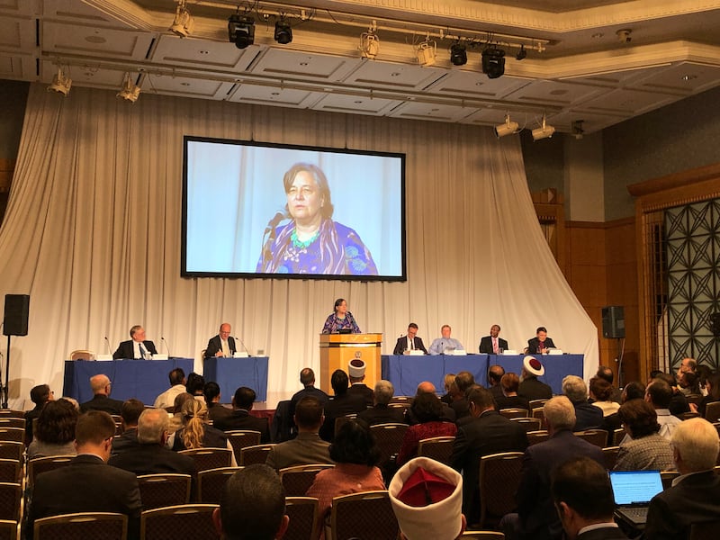 Katherine Marshall, executive director of the World Faiths Development Dialogue, speaks during the opening panel of the G20 Interfaith Forum, taking place this weekend in Tokyo.