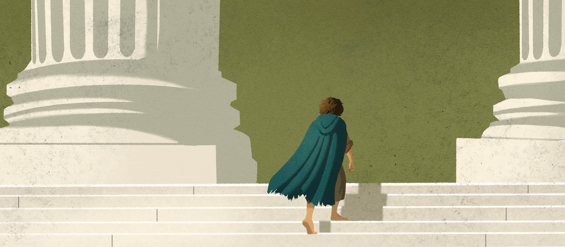 A hobbit runs up a set of white steps with two large pillars at the top.