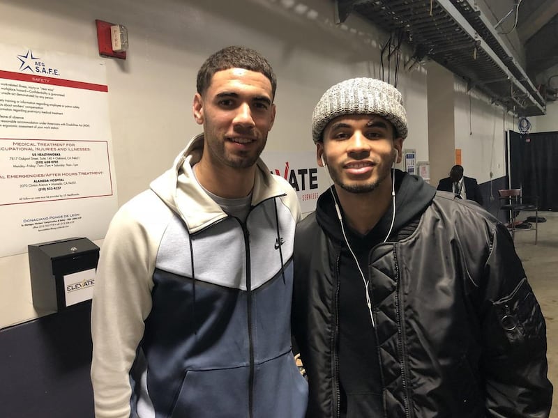 New Jazz signee Georges Niang, left, poses with college teammate and former Jazz guard Naz Mitrou-Long, right, at Oracle Arena in Oakland, California on Wednesday, Dec. 27, 2017.