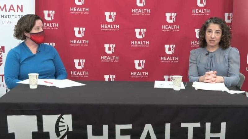Dr. Deborah Bilder, left, and Dr. Amanda Bakian speak during a press conference on autism rates. (U of U Health, YouTube)