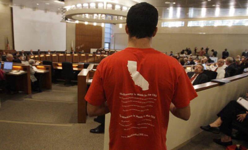 A student speaks in opposition to an increase in fees or tuition at a meeting of the trustees of the California State University, at CSUC headquarters in Long Beach, Calif., Tuesday, Nov. 9, 2010.
