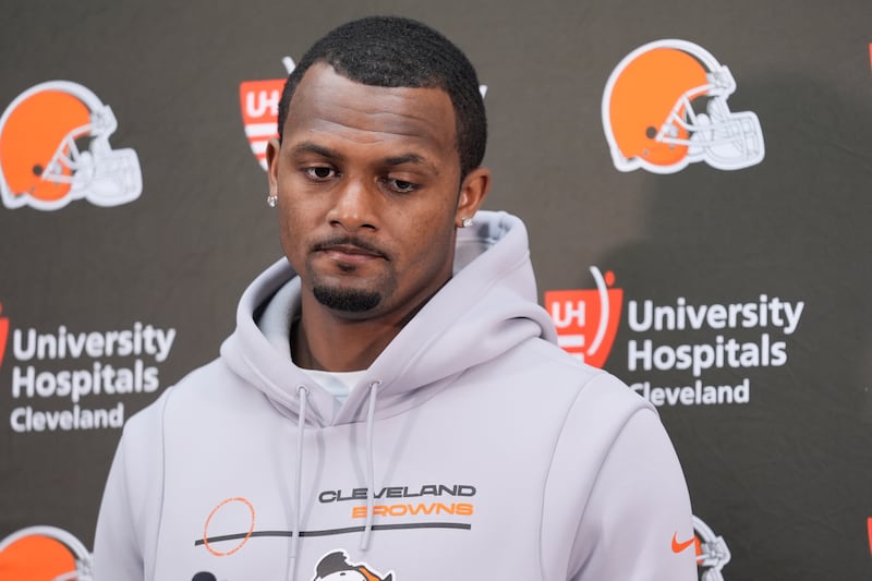 Cleveland Browns quarterback Deshaun Watson speaks to the media after an NFL football game against the Washington Commanders in Landover, Md., Sunday, Oct. 6, 2024.