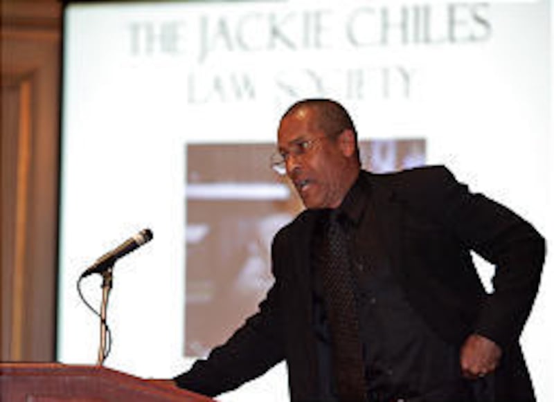"Seinfeld" actor Phil Morris talks at a banquet for The Jackie Chiles Law Society, a student group at the University of Utah law school.