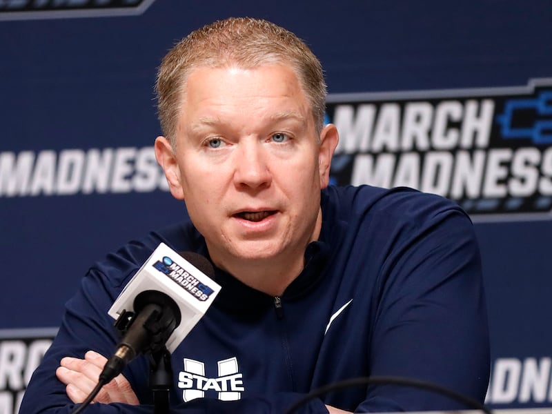 Utah State coach Jerrod Calhoun responds to questions from the media March 20, following USU's 72-47 loss to UCLA in the first round of the NCAA Tournament at Rupp Arena in Lexington, Kentucky. On Tuesday, reports surfaced that Calhoun will be remaining at Utah State.