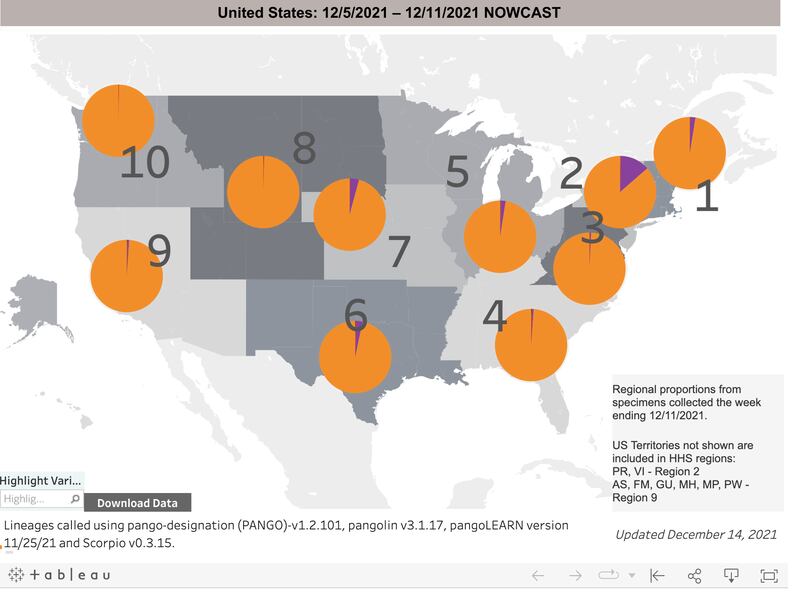 Centers for Disease Control and Prevention map of COVID-19 variants.
