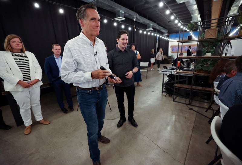 Sen. Mitt Romney, R-Utah, gets ready to speak at RevRoad in Provo on Wednesday, Aug. 23, 2023.