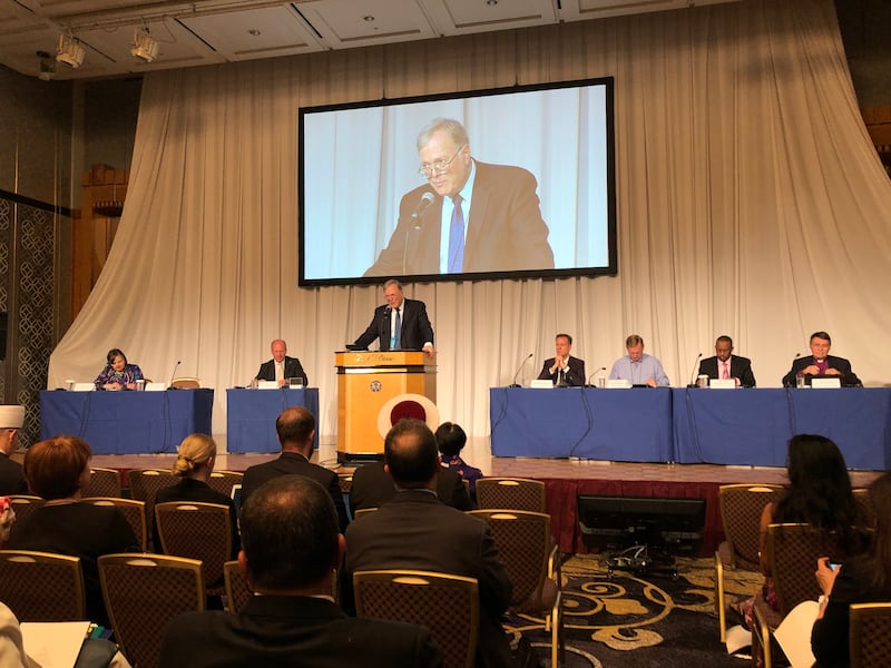 W. Cole Durham Jr., founding director of the International Center for Law and Religion Studies at Brigham Young University, speaks during the opening panel of the G20 Interfaith Forum, which is taking place this weekend in Tokyo.