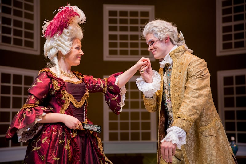 Emily Nash, left, as Mrs. Malaprop, and Connor Johnson as Sir Anthony Absolute in the University of Utah Department of Theatre's "The Rivals," playing through April 14.