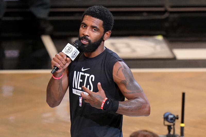Brooklyn Nets’ Kyrie Irving speaks before a game against the New Orleans Pelicans on Wednesday, Oct. 19, 2022.