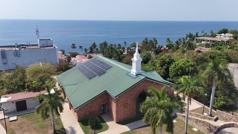 Solar panels are seen on the roof of a meetinghouse of The Church of Jesus Christ of Latter-day Saints in Acapulco, Mexico.