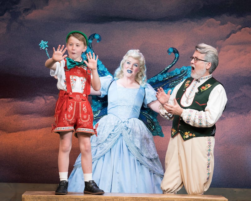 Coleman Higbee as Pinocchio, Raina Thorne as the Blue Fairy and Mark H. Pulham as Geppetto in the Tuesday/Thursday/Saturday cast of "My Son Pinocchio" at Hale Centre Theatre.