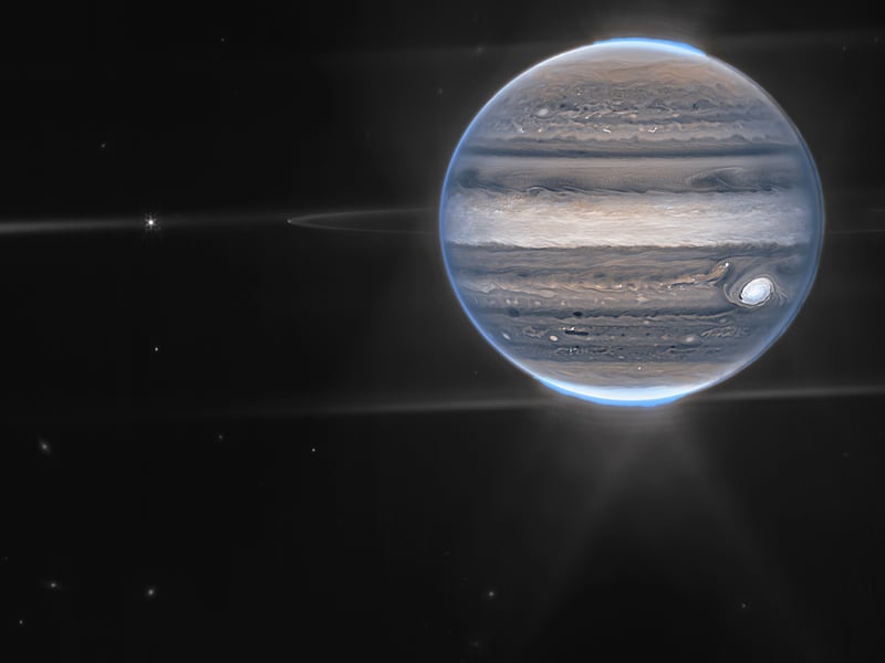 This image shows a false color composite image of Jupiter obtained by the James Webb Space Telescope on July 27, 2022.