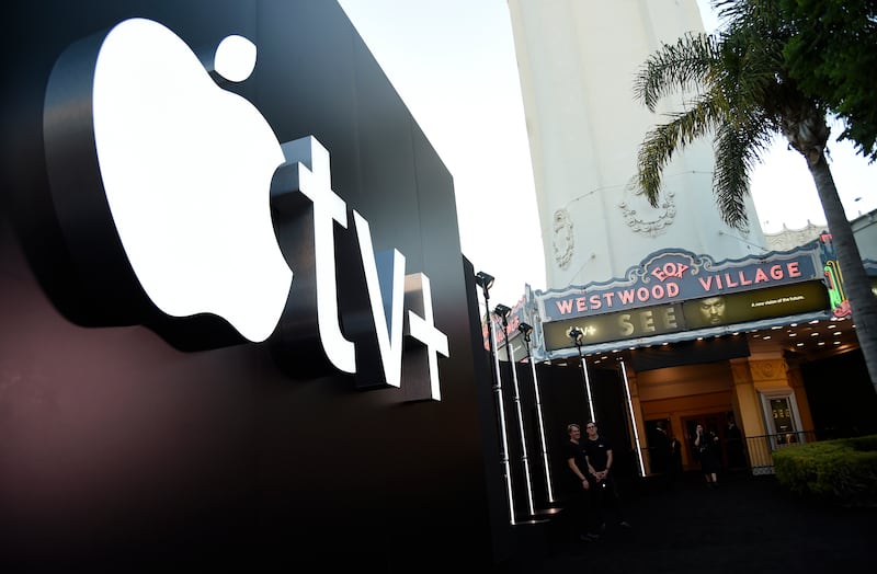 The Apple TV+ logo is pictured before the premiere of the the Apple TV+ series “See,” at the Regency Village Theatre, Monday, Oct. 21, 2019, in Los Angeles. (Photo by Chris Pizzello/Invision/AP)