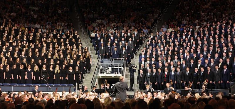 BYU combined choirs are shown singing during new BYU President C. Shane Reese’s inauguration on Tuesday, Sept. 19, 2023.