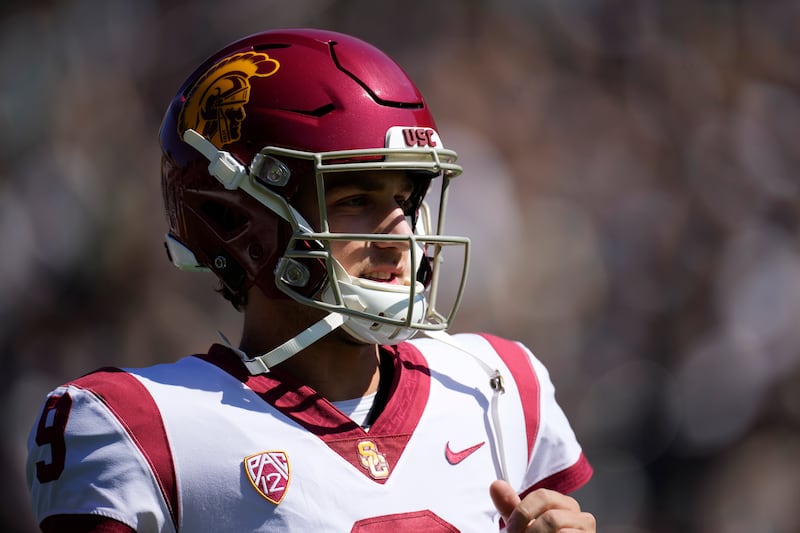 Then-USC quarterback Kedon Slovis (9) during an Oct. 2, 2021, game in Boulder, Colo. Slovis has transferred to BYU.