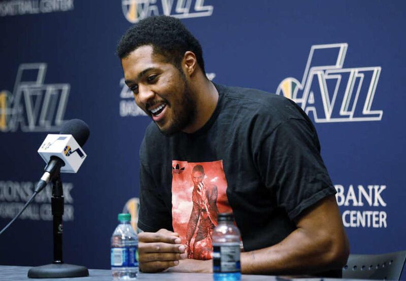 Derrick Favors of the Utah Jazz talks with the media at Zions Bank Basketball Center in Salt Lake City, Thursday, April 16, 2015.