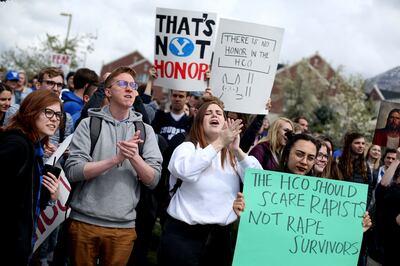 BYU students call for reform of the university’s honor code and how it is enforced during a demonstration on the Provo campus on Friday, April 12, 2019.