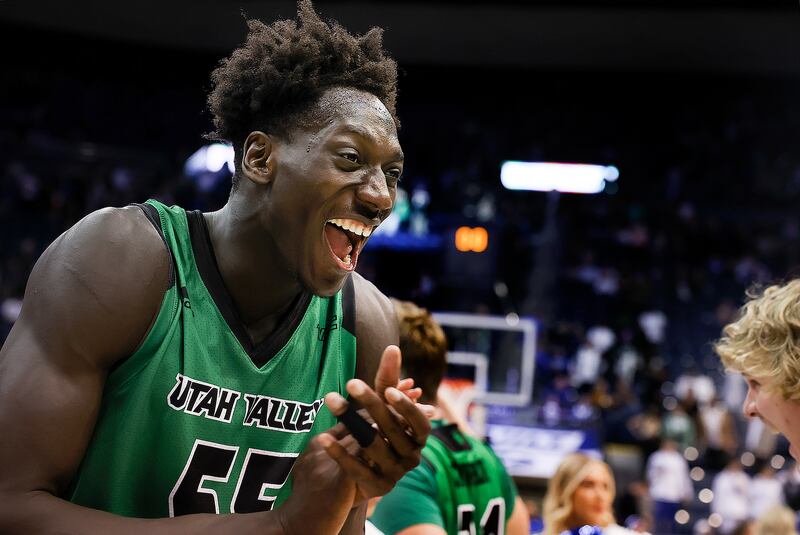 Utah Valley Wolverines center Aziz Bandaogo (55) celebrates after beating BYU at BYU in Provo on Wednesday, Dec. 7, 2022.