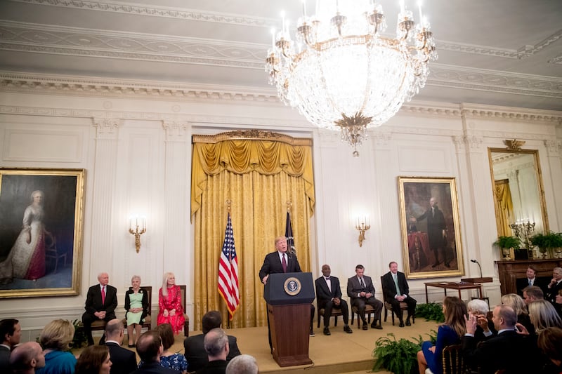 President Donald Trump speaks during a Medal of Freedom ceremony in the East Room of the White House in Washington on Friday, Nov. 16, 2018.