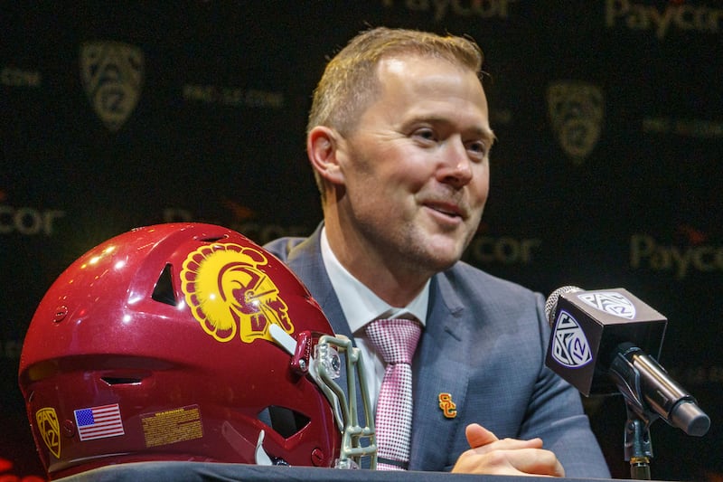 USC coach Lincoln Riley speaks during Pac-12 media day Friday, July 29, 2022, in Los Angeles.