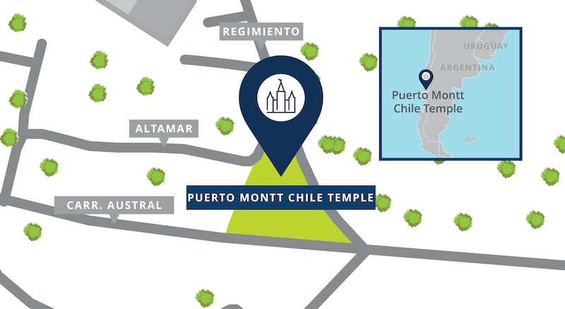 A map with a pin showing the location of the Puerto Montt Chile Temple site, with nearby roads.