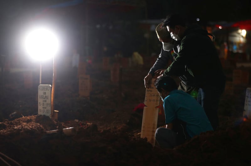 Family members react during the burial of their relative at during the coronavirus outbreak in Bekasi, West Java, Indonesia.