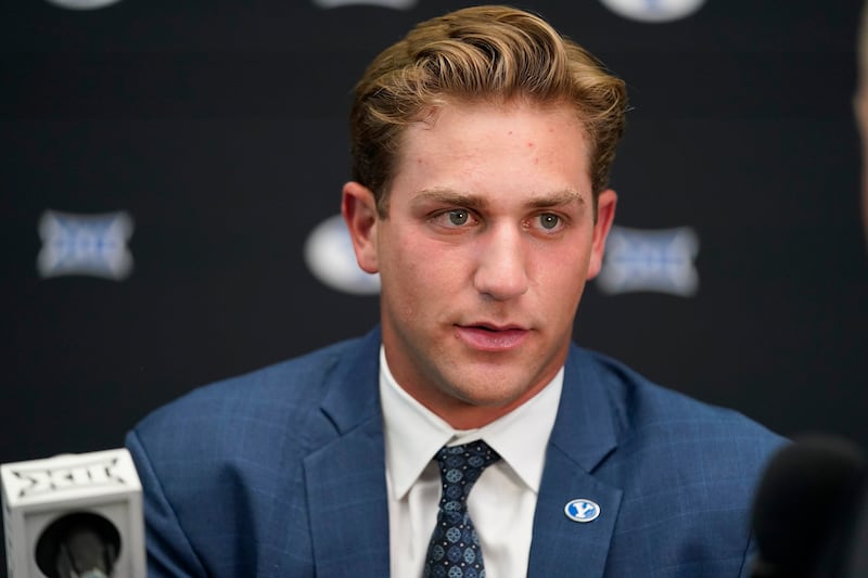 BYU quarterback Kedon Slovis speaks to reporters during the Big 12 college media days in Arlington, Texas, July 12, 2023.