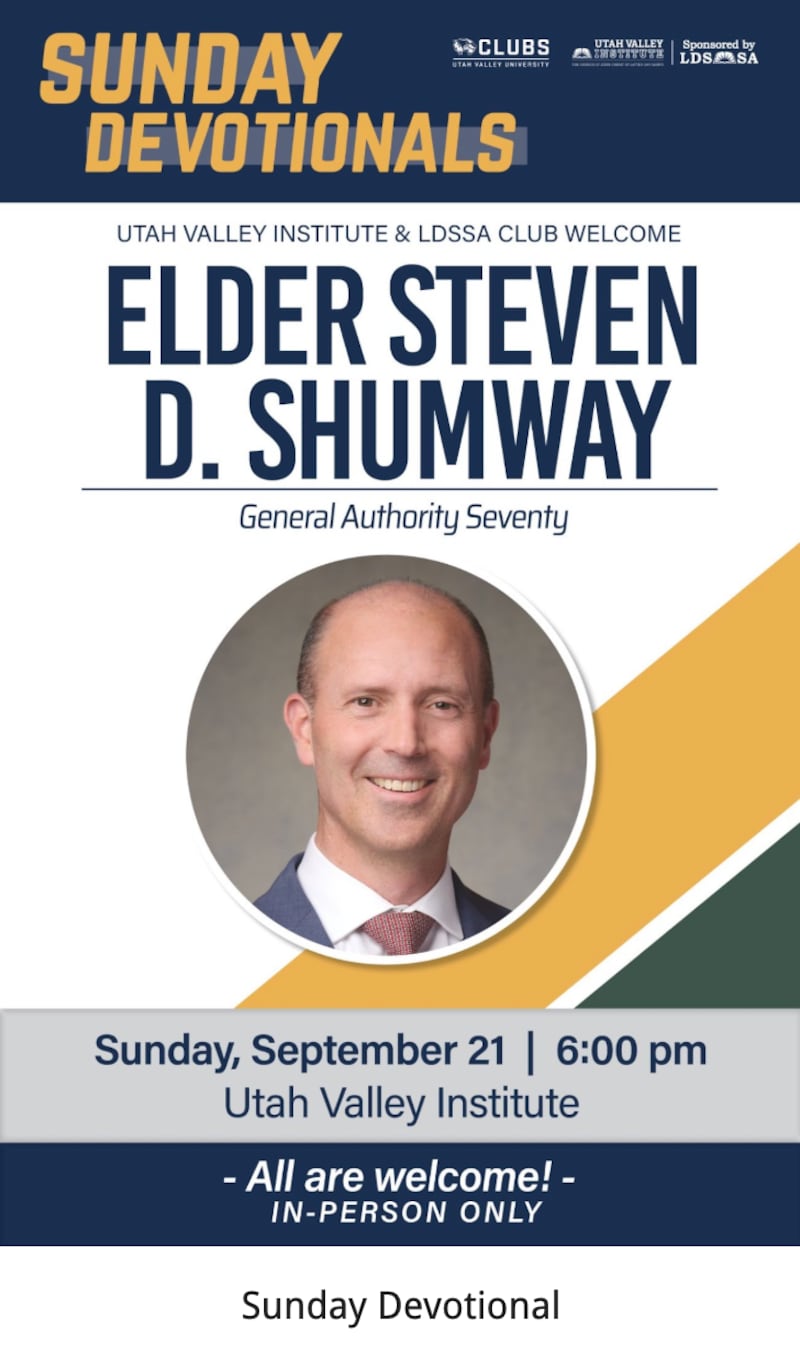 A flyer announces a devotional at the Utah Valley Institute at Utah Valley University in Orem, Utah, on Sunday, Sept. 21, 2025.